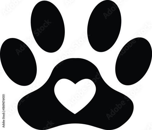 Animal Paw Print Silhouette with Heart Shape Cutout in the Center Pad, Symbol of Love for Pets Dogs and Cats, Puppy and Kitten Affection Graphic for Animal Lovers and Shelters