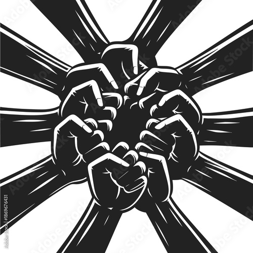 Diverse group of clenched fists forming a circle symbolizing unity strength and teamwork perfect for protest or community concepts isolated on white background