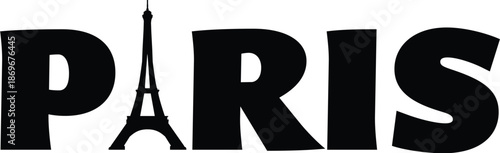 Stylized Paris Text Design Featuring the Eiffel Tower Silhouette as the Letter A Representing French Tourism, Romantic Travel, European Landmarks, and Iconic France Vacation Symbolism in Black.