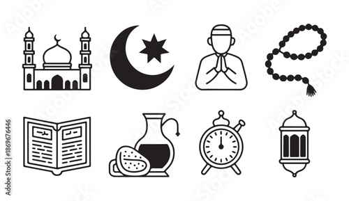 Blue and orange color palette ramadan kareem flat vector icons for religious celebration