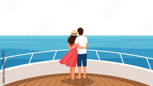 A couple embracing on the deck of a yacht, looking out at the vast blue ocean and enjoying a romantic cruise.