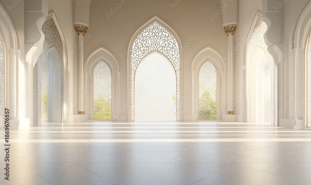 Fototapeta premium Peaceful Ramadan Background with Minimalist Arched Windows and Soft Shadows
