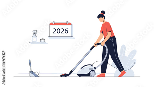 A woman using a vacuum cleaner to clean the floor, with a calendar displaying "2026," representing new year cleaning.