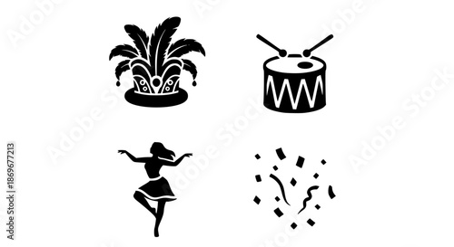 Vibrant Carnival Celebration Icon Set Featuring Traditional Headdress Drumming Percussionist Female Dancer And Festive Flying Confetti