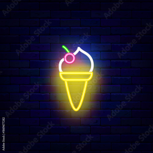 Ice cream with waffle cone and cherry neon icon. Frozen sweet dessert. Milky product. Glowing candy shop. Editable stroke. Vector stock illustration