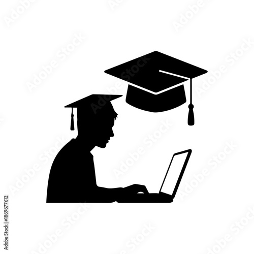 Online education silhouette student learning on laptop
