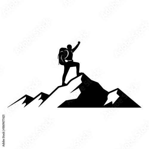 Hiker silhouette standing on mountain peak achievement concept