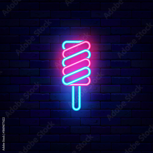 Ice cream neon icon. Swirl shape. Striped dessert on stick. Cold milky product. Glowing sign. Candy shop. Vector stock illustration