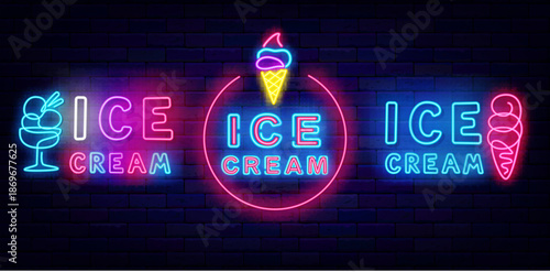 Ice cream shop neon labels collection. Candy bar. Sweet milky dessert. Shopping offer. Simple design. Glowing retail flyer. Luminous candy design. Vector stock illustration