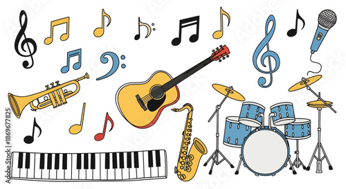 A vibrant collection of musical instruments and symbols surrounding a drum set viewed from a top-down perspective