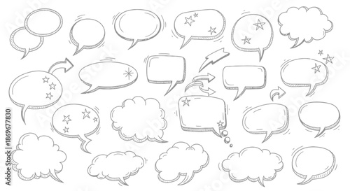 Collection of various speech bubbles and thought clouds in a simple line art style on a clean white background
