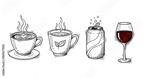 A set of four beverage illustrations, including coffee cups, a soda can, and a wine glass, in a simple line art style on a plain background from a straightforward viewpoint.