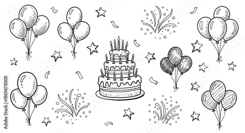 A multi-tiered cake surrounded by balloons and fireworks, celebrating a special occasion with festive decorations and joyful atmosphere