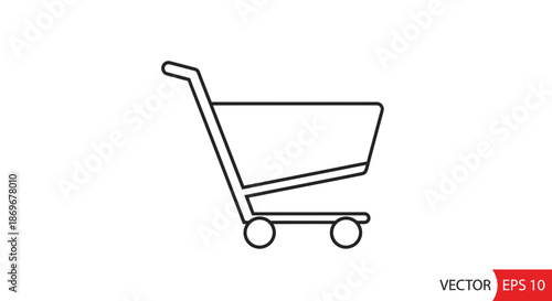 Simple line illustration of a shopping cart on wheels viewed from the side in a minimalist style