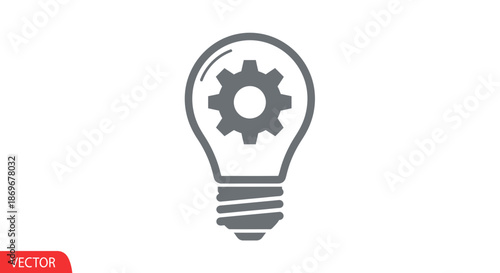 A simple gray line art illustration of a lightbulb with a gear inside, representing innovation and ideas
