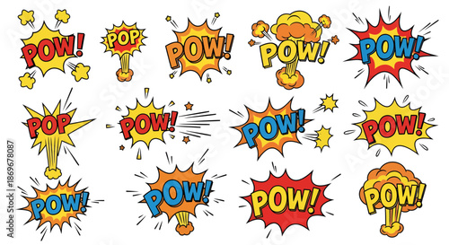 Set of Comic Book Style Explosion Graphics with POW Text in Various Colors and Designs