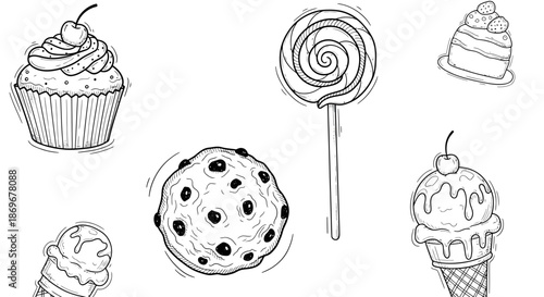 Hand-drawn illustrations of various sweet treats including cupcakes, cookies, lollipops, and ice cream cones on a clean white background from a straightforward viewpoint.