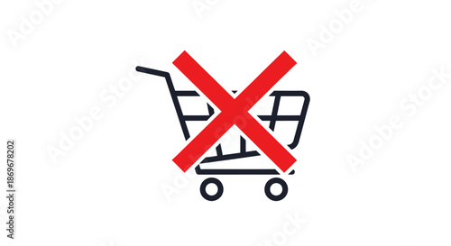 Shopping cart icon with red cross symbol indicating cancellation or prohibition of shopping activity