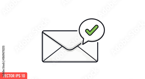 Simple line illustration of an open envelope with a green checkmark in a speech bubble indicating confirmation or approval of a message