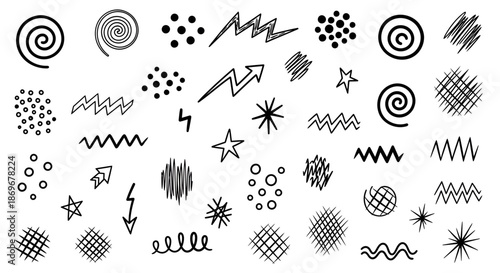 Collection of diverse abstract graphic elements and doodles displayed in a grid layout on a plain background from a straightforward viewpoint