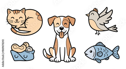 A digital illustration showcasing various domestic animals and pets including a dog, cat, bird, and fish in a minimalist style.