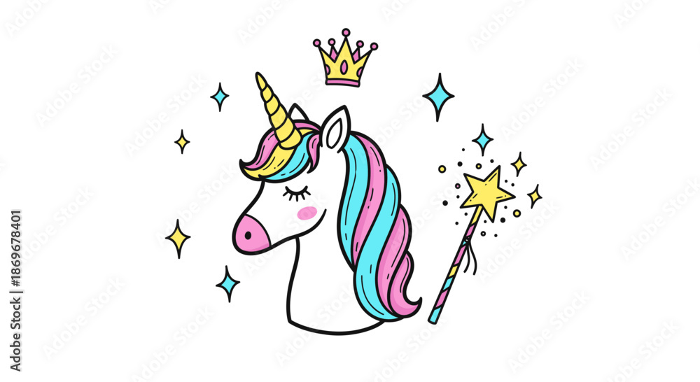 Fototapeta premium A colorful unicorn with a crown and magic wand illustration surrounded by sparkles