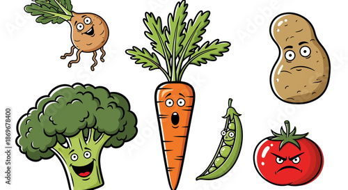 A collection of anthropomorphic vegetables with different facial expressions and emotions displayed together