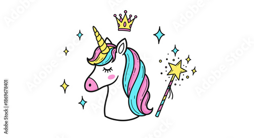 A colorful unicorn with a crown and magic wand illustration surrounded by sparkles