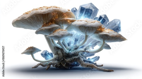 Mystical Mushroom: An ethereal close-up view of fantastical mushrooms, adorned with gleaming crystals, evoking a sense of wonder and fantasy.