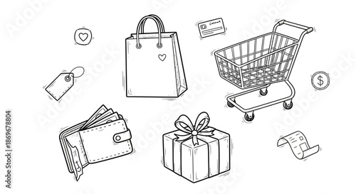 Shopping cart and gifts illustration showcasing consumerism from a straightforward viewpoint