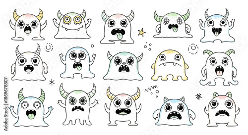 Collection of diverse cartoon monsters with various expressions and horns displayed in a grid layout, showcasing different designs and emotions.