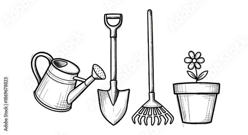 Gardening tools and a potted plant with a flower are arranged together, showcasing gardening equipment and a blooming plant in a simple line drawing.