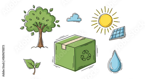 Green energy and sustainability concept with cartoon style illustrations of nature and a recycle box