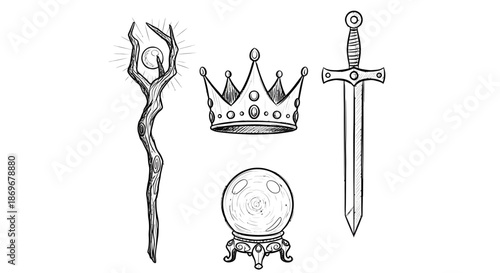 Mystical elements including a wand, crown, sword, and crystal ball, depicted in a simple line drawing, representing magical tools and symbols.