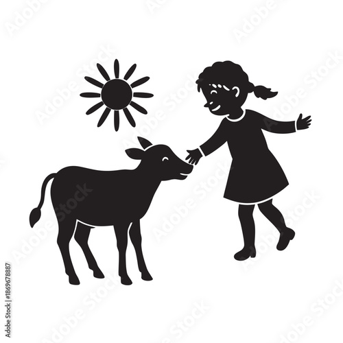Little Girl Laughing With Baby Calf Silhouette