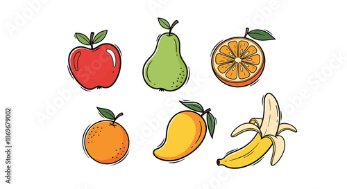 Assorted fruits including apple, pear, oranges, and banana displayed together in a simple graphic illustration