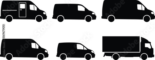 Delivery van silhouettes, cargo truck icons, commercial transport vehicles, black profile illustrations, shipping fleet graphics, logistics symbols, freight transport set