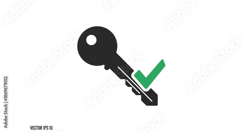 Vector illustration of a black key with green tick symbolizing approval and validation