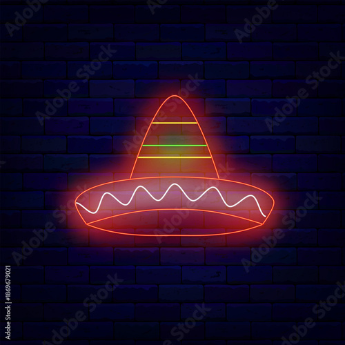Mexican national hat neon icon. Red wear. Sombrero headwear. Day of the Dead. Cinco de Mayo. Dia de los Muertos. Light banner. Glowing sign. Editable stroke. Vector stock illustration