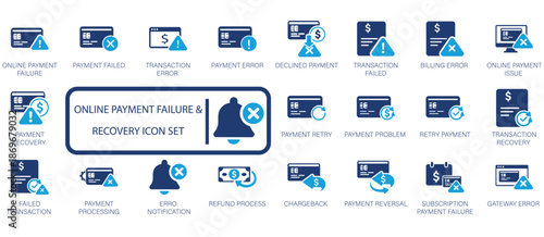 Online payment failure and recovery icon set featuring declined transaction, billing error, payment retry, refund process, chargeback, and gateway notification symbols.