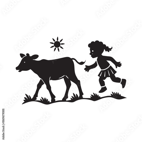 Young Girl Running With Calf Outdoors Silhouette