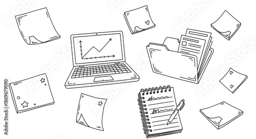 A laptop surrounded by documents and a notebook with a pen, illustrating office work and data analysis