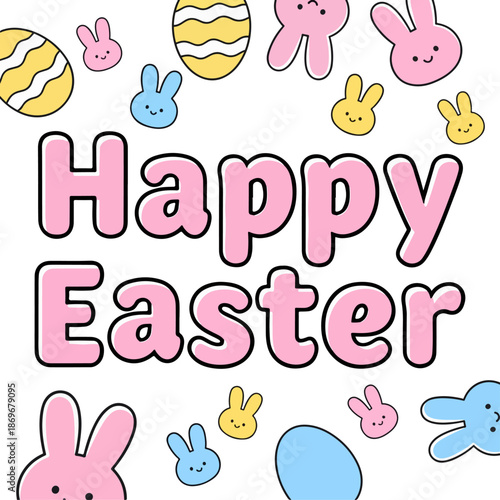 Happy Easter Vector Typography Illustration with Decorative Bunny Elements on Clean White Background