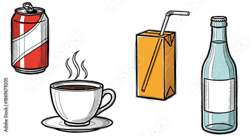 Assorted Beverages Illustration Featuring Coffee, Soda, Juice, and Water in Various Containers