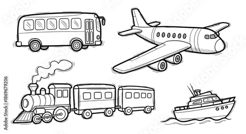 Various Transport Vehicles Including Bus Airplane Train and Ship Illustrated in Black and White