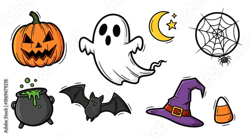 Halloween icons collection featuring ghost, pumpkin, cauldron, witch hat, and candy