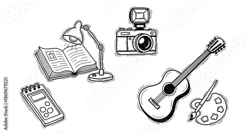 Creative hobbies illustration featuring guitar, camera, book, palette, and cassette