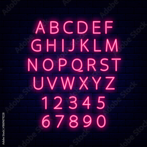 Minimal neon alphabet. Shiny pink font. Text message template. Online newspaper letters and numbers. Light typography. Editable stroke. Vector stock illustration