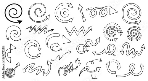 A collection of various hand-drawn arrow and spiral designs in black and white, showcasing different directions and shapes.