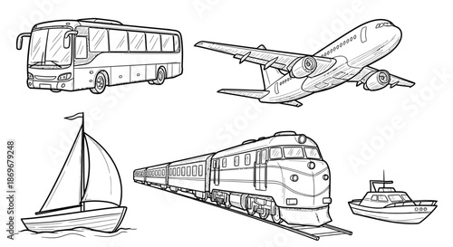Various transportation modes including bus, airplane, sailboat, train, and boat are depicted in a simple illustration.